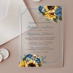 Invitations En Acrylique Mariage Roses Fleurs de Tournesol Bleu Poussiéreux