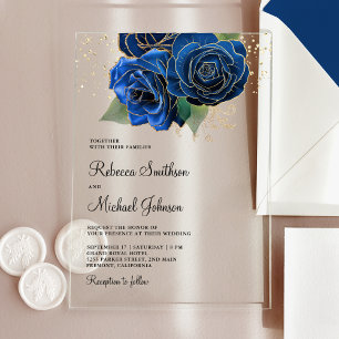Invitations En Acrylique Mariage Royal Bleu Floral Or