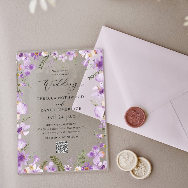 Invitations En Acrylique Mariage Rustique QR Code Fleurs violettes (Créateur téléchargé)