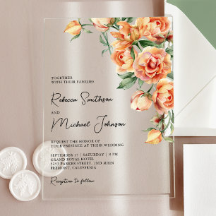 Invitations En Acrylique Mariage rustique terreux pêche floral