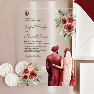 Invitations En Acrylique Mariage Sikh Indien Floral Roses de Bourgogne