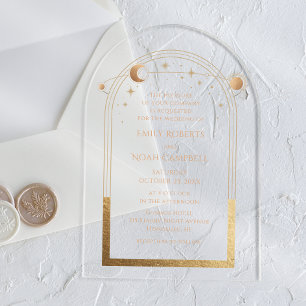 Invitations En Acrylique Mariage Soleil Lune Étoiles Célestes Or
