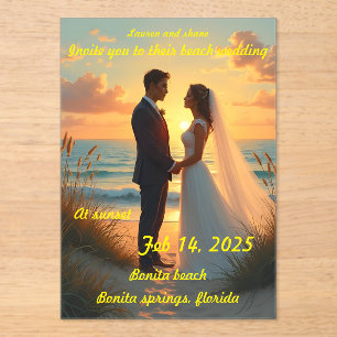 Invitations En Acrylique Mariage sur la plage au coucher du soleil