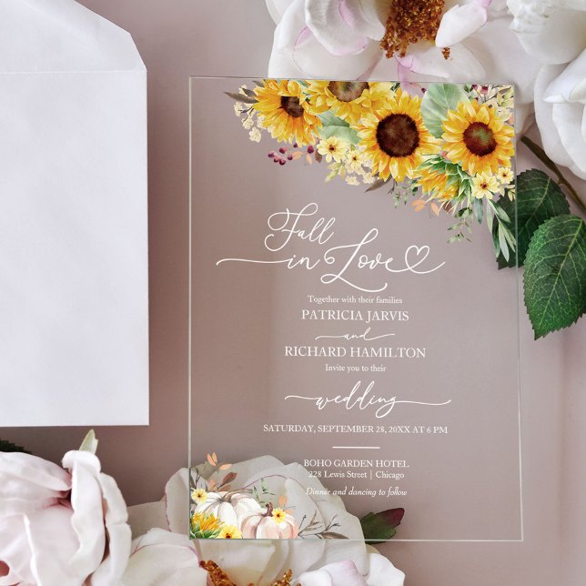 Invitations En Acrylique Mariage Tournesols Verdure Tombez Amoureux (Créateur téléchargé)