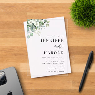 Invitations En Acrylique Mariage transparent Eucalyptus Floral Minimal