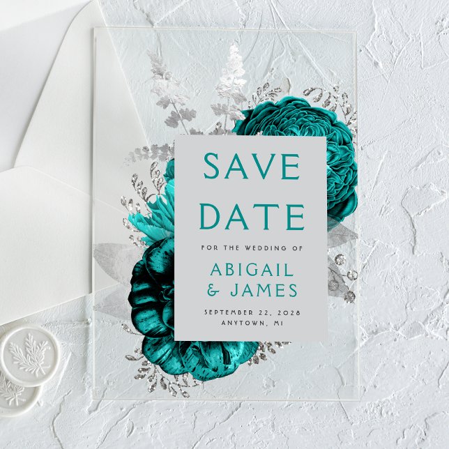Invitations En Acrylique Mariage Turquoise floral en argent Enregistrer la  (Créateur téléchargé)