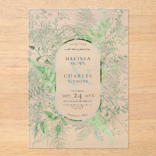 Invitations En Acrylique Mariage vert émeraude de feuillage vert de fougère