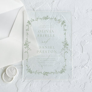 Invitations En Acrylique Mariage Vert Sauge Vintage Victorien Français