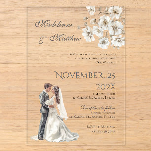 Invitations En Acrylique Mariée et marié silhouette Fleurs Mariage