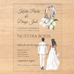 Invitations En Acrylique Mariés mariage avec anneaux en espagnol