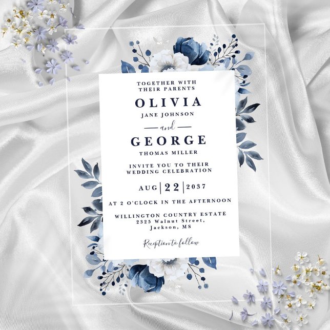 Invitations En Acrylique Marine Bleu Et Blanc Élégant Mariage Floral Modern (Navy Blue And White Elegant Modern Floral Wedding Acrylic Invitations)