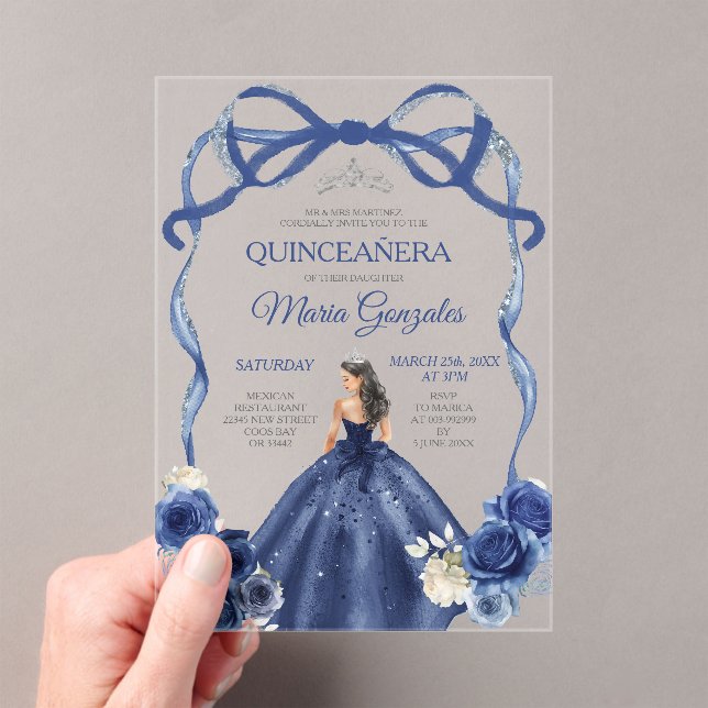 Invitations En Acrylique Marine Blue Bow Princesse Silver Crown Quinceañera (In situ (ordinateur de poche))