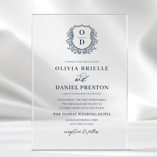 Invitations En Acrylique Marine Blue Floral Crest Monogramme Mariage Élégan