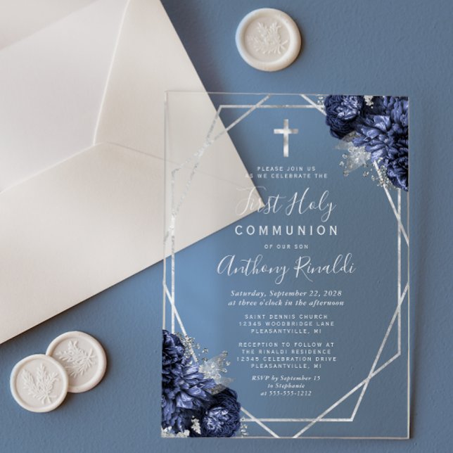 Invitations En Acrylique Marine Blue Floral Silver Geo Première Sainte Comm (Créateur téléchargé)