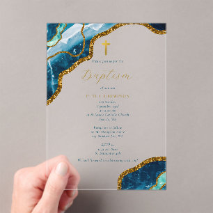 Invitations En Acrylique Marine Blue Geode Agate Gold Cross Baptême
