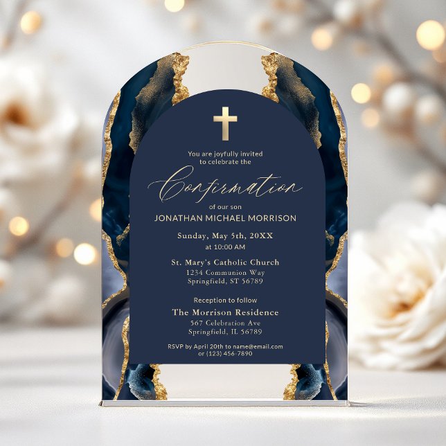 Invitations En Acrylique Marine Blue Gold Agate Confirmation Moderne Élégan (Créateur téléchargé)