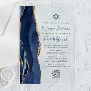 Invitations En Acrylique Marine Blue Gold Agate QR Code Barre Mitzvah