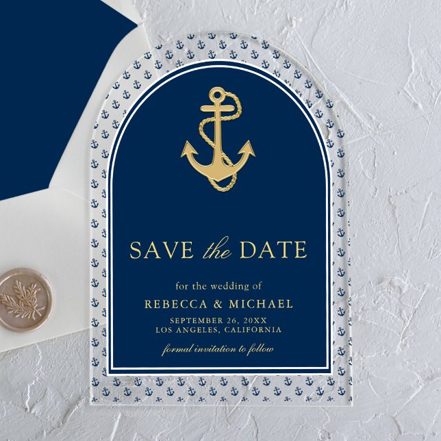 Invitations En Acrylique Marine Blue Gold Ancre mariage Enregistrer la date (Créateur téléchargé)
