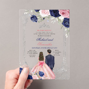 Invitations En Acrylique Marine Blue & Pink Floral Twins Argent Quinceañera