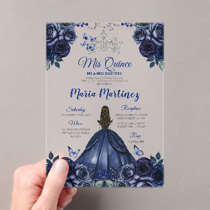 Invitations En Acrylique Marine Blue Princess Floral Silver Crown Mis Quinc