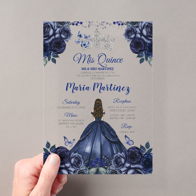 Invitations En Acrylique Marine Blue Princess Floral Silver Crown Mis Quinc (In situ (ordinateur de poche))