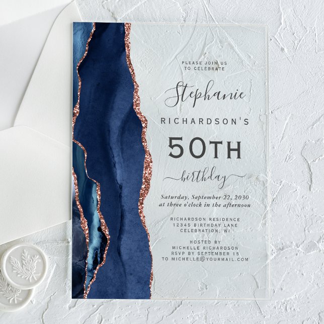 Invitations En Acrylique Marine Blue Rose Gold Agate 50e fête d'anniversair (Créateur téléchargé)