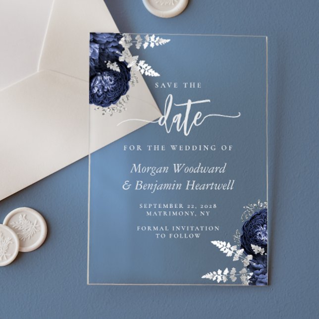 Invitations En Acrylique Marine Blue Silver Floral Wedding Enregistrer la d (Créateur téléchargé)