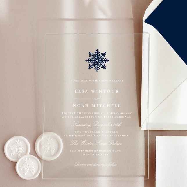 Invitations En Acrylique Marine Blue Snowflake Mariage hivernal transparent (Créateur téléchargé)