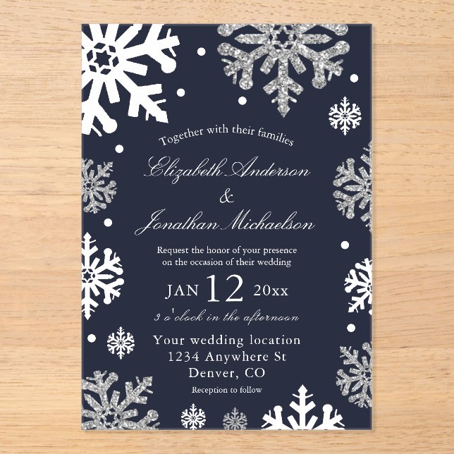 Invitations En Acrylique Marine Blue Snowflakes Mariage d'hiver (Recto)