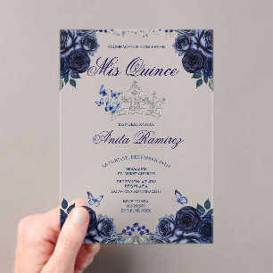 Invitations En Acrylique Marine mexicaine Blue Floral Argent Couronne Mis Q