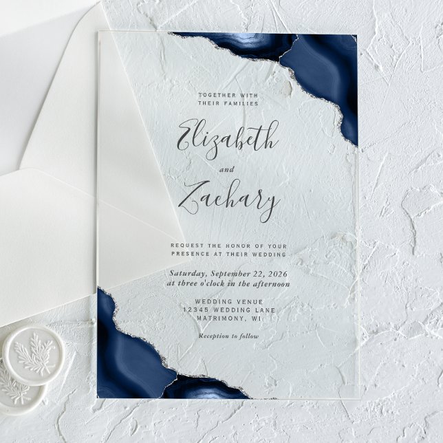 Invitations En Acrylique Marine moderne Blue Silver Agate Corners Mariage (Créateur téléchargé)