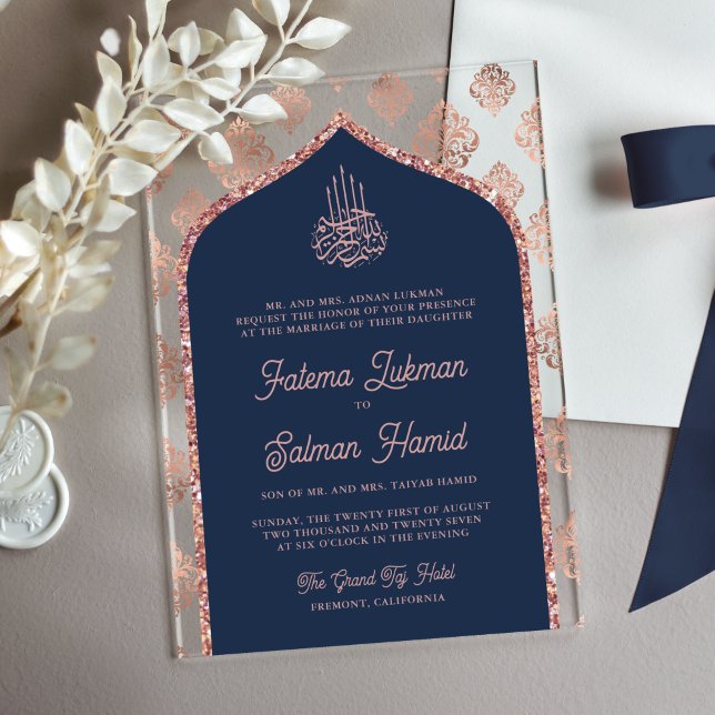 Invitations En Acrylique Marine Rose bleu or Damask Arch Mariage musulman (Créateur téléchargé)