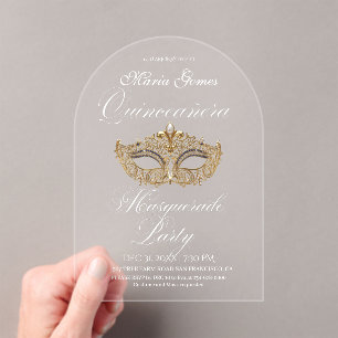 Invitations En Acrylique Mascarade de masque d'or Quinceanera Anniversaire