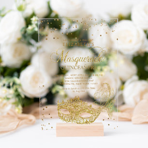 Invitations En Acrylique Mascarade élégante et paillettes dorées pour Quinc