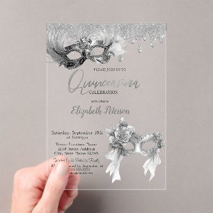 Invitations En Acrylique Mascarade Masque Paillettes Gouttes Argent Quincea