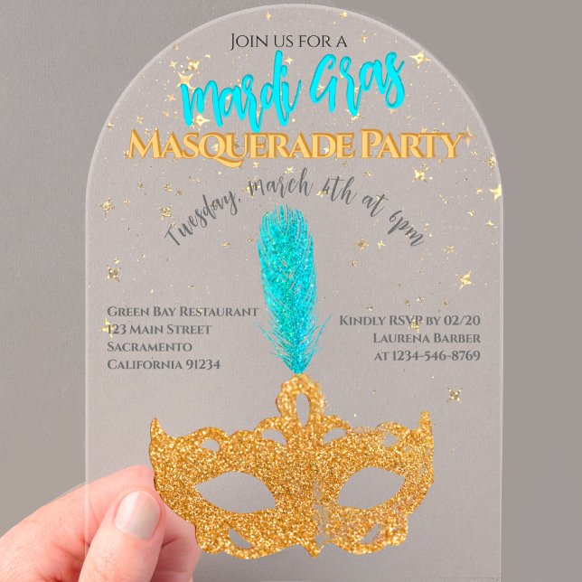 Invitations En Acrylique Masque d'or et de bleu Mardi Gras Party (Créateur téléchargé)