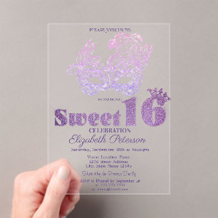 Invitations En Acrylique Masque Pailleté Violet Douce 16