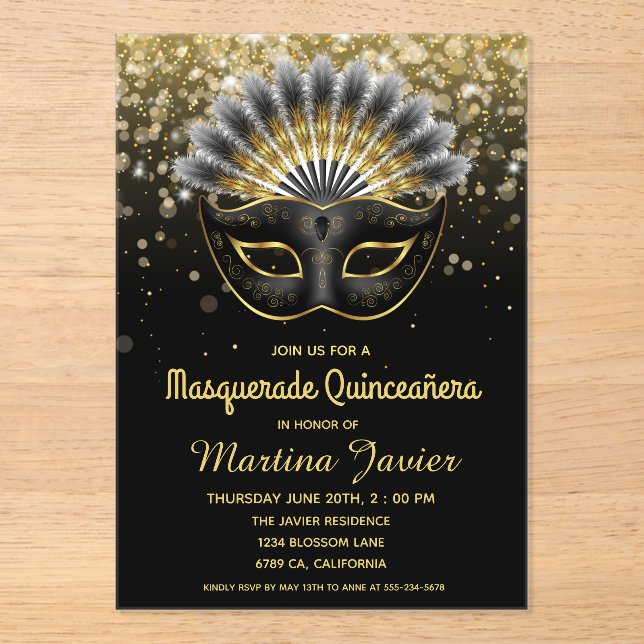 Invitations En Acrylique Masquerade élégante Quinceañera 15e anniversaire (Recto)
