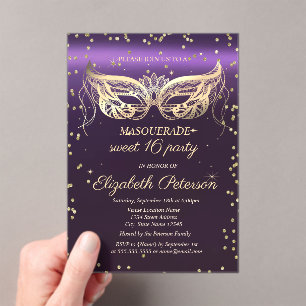 Invitations En Acrylique Masquerade Gold Diamonds Purple Sweet 16