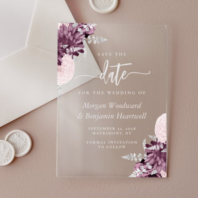 Invitations En Acrylique Mauve Silver Floral Wedding Save the Date (Créateur téléchargé)