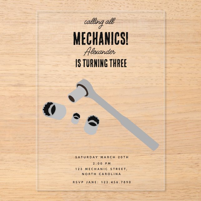 Invitations En Acrylique Mécanique automobile Outils de l'automobile Garçon (Recto)