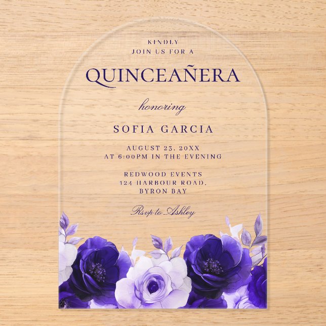 Invitations En Acrylique Midnight Blue Elegant Marine Roses Quinceanera Par (Recto)