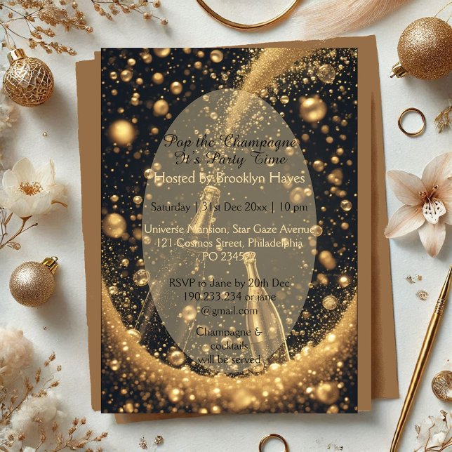 Invitations En Acrylique Midnight Gold Champagne Dreams New Year Bubbly Fun (Midnight Gold Champagne Dreams New Year Bubbly Fun Acrylic Invitations)