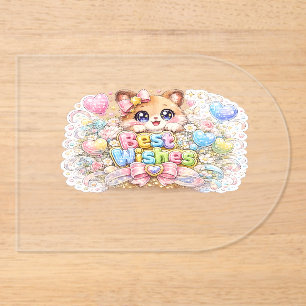 Invitations En Acrylique Mignon Kawaii Meilleurs Vœux Chat Pastel Rose Flor