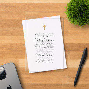 Invitations En Acrylique Minimaliste avec Faux Gold Cross Baptismal