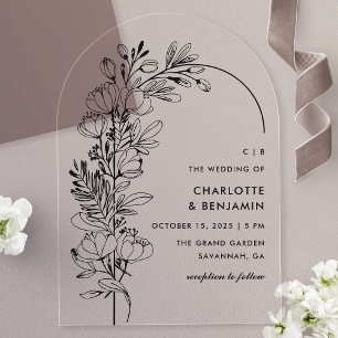 Invitations En Acrylique Minimaliste botanique noir Arche de mariage