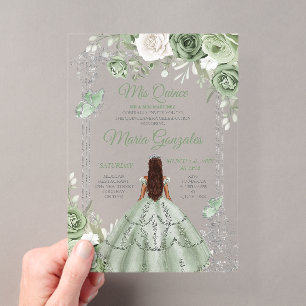 Invitations En Acrylique Mis Quince Argent Élégant Fleurs Vert Sauge Quince