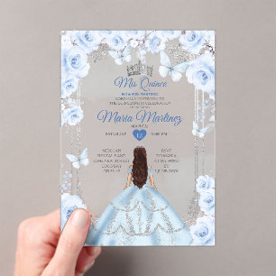 Invitations En Acrylique Mis Quince Bleu doux et argent Floral Quinceañera