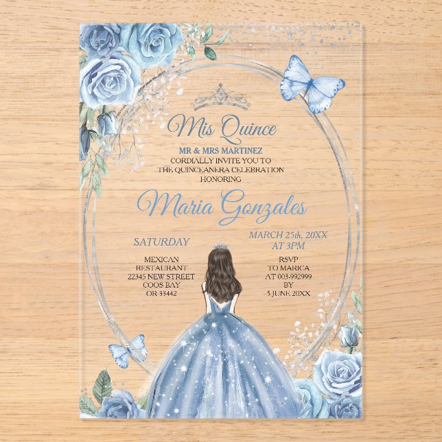 Invitations En Acrylique Mis Quince Dusty Blue & Silver Floral Quinceañera (Recto)