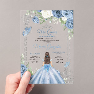 Invitations En Acrylique Mis Quince Dusty Blue & Silver Floral Quinceañera